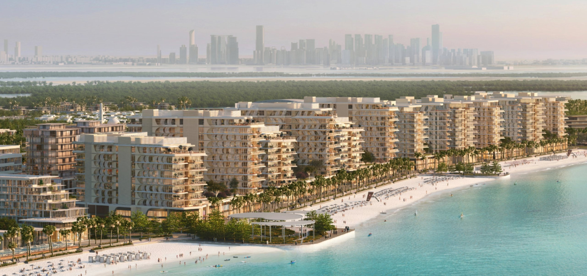 Render of Fahid Beach Residences from the air with the Abu Dhabi city skyline behind