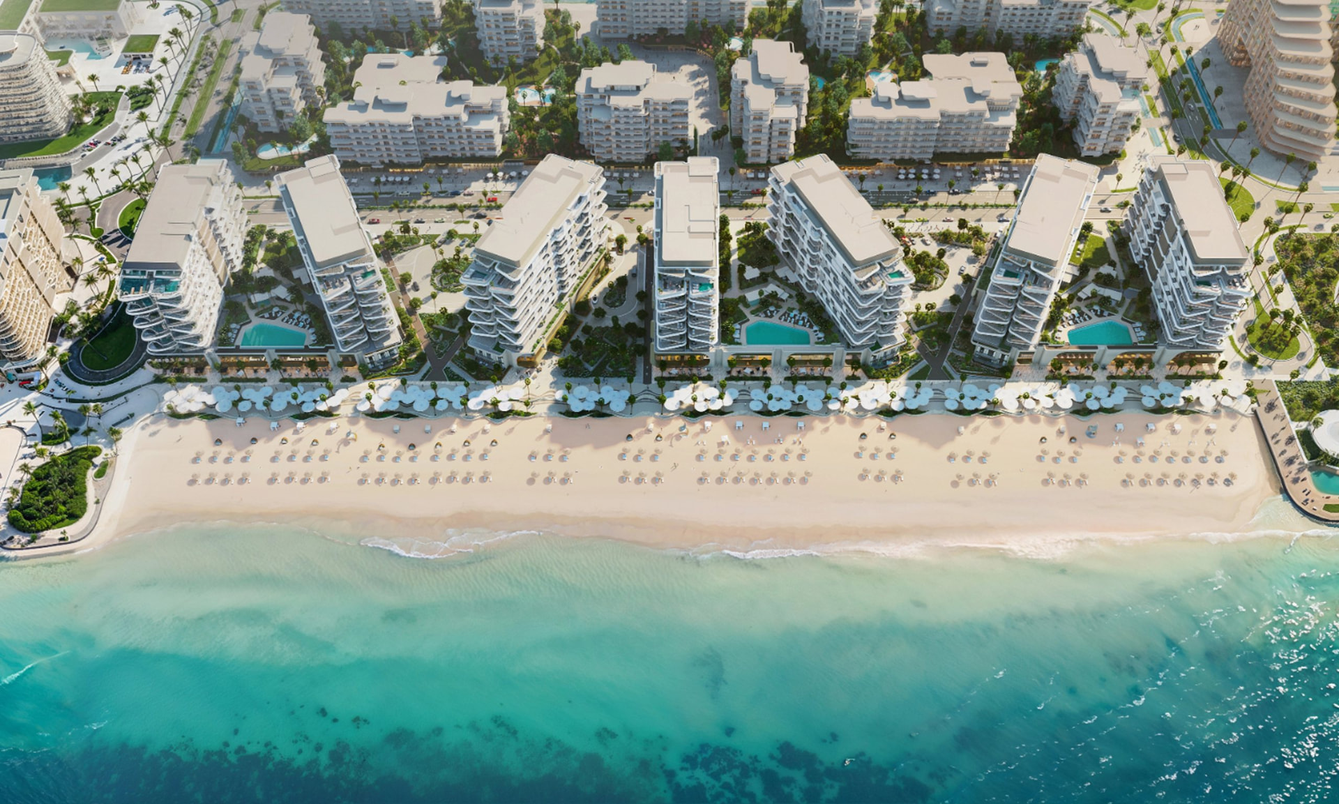 Render of Fahid Beach Residences seen from above, with the beach and sea of Fahid Island, Abu Dhabi